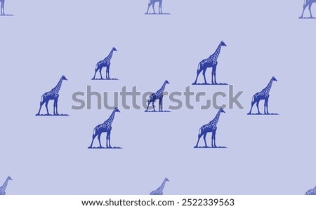 Seamless pattern of large isolated blue wild giraffe symbols. The pattern is divided by a line of elements of lighter tones. Vector illustration on light blue background