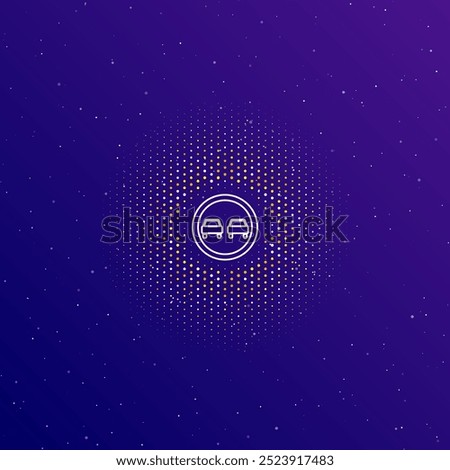 A large white contour no overtaking sign in the center, surrounded by small dots. Dots of different colors in the shape of a ball. Vector illustration on dark blue gradient background with stars