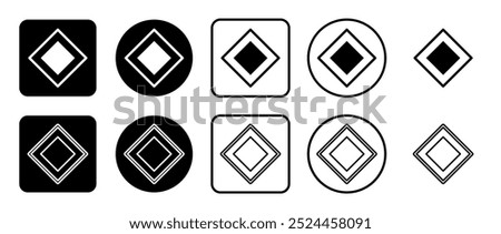 Icon set of main road sign. Filled, outline, black and white icons set, flat style.  Vector illustration on white background