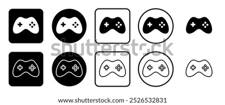 Icon set of joystick symbol. Filled, outline, black and white icons set, flat style.  Vector illustration on white background