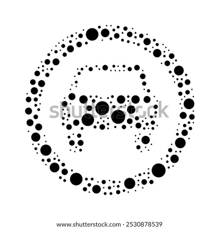 A large no car sign in the center made in pointillism style. The center symbol is filled with black circles of various sizes. Vector illustration on white background