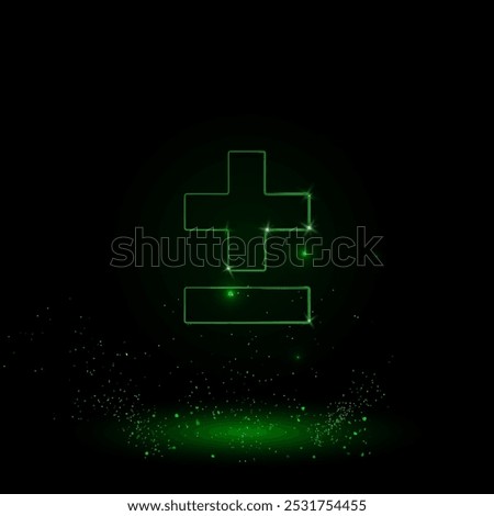 A large green outline plus–minus sign on the center. Green Neon style. Neon color with shiny stars. Vector illustration on black background