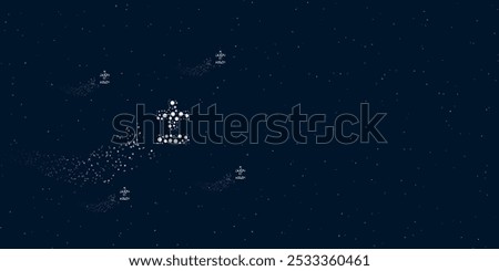 A plus–minus sign filled with dots flies through the stars leaving a trail behind. There are four small symbols around. Vector illustration on dark blue background with stars