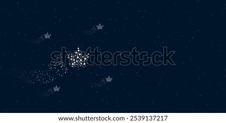 A maple leaf symbol filled with dots flies through the stars leaving a trail behind. There are four small symbols around. Vector illustration on dark blue background with stars