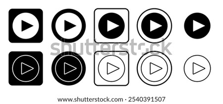 Icon set of play symbol. Filled, outline, black and white icons set, flat style.  Vector illustration on white background