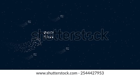 A equals symbol filled with dots flies through the stars leaving a trail behind. Four small symbols around. Empty space for text on the right. Vector illustration on dark blue background with stars