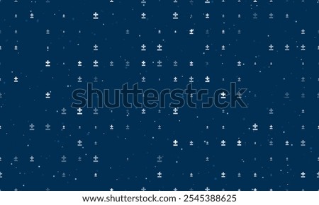 Seamless background pattern of evenly spaced white plus–minus signs of different sizes and opacity. Vector illustration on dark blue background with stars