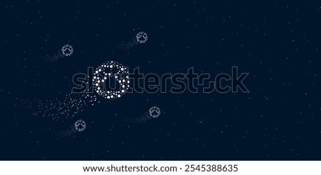 A pet symbol filled with dots flies through the stars leaving a trail behind. Four small symbols around. Empty space for text on the right. Vector illustration on dark blue background with stars