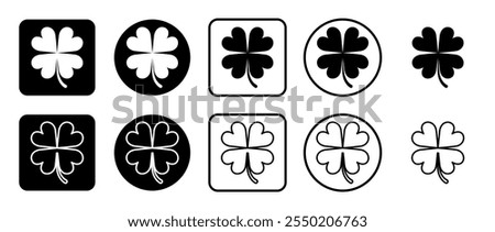 Icon set of four-leaf clover symbol. Filled, outline, black and white icons set, flat style.  Vector illustration on white background