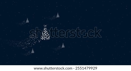 A princess symbol filled with dots flies through the stars leaving a trail behind. Four small symbols around. Empty space for text on the right. Vector illustration on dark blue background with stars