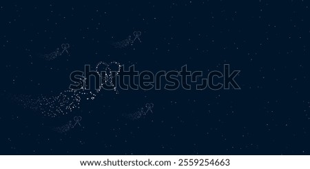 A crossed tennis rackets symbol filled with dots flies through the stars leaving a trail behind. There are four small symbols around. Vector illustration on dark blue background with stars