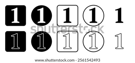 Icon set of number one symbol. Filled, outline, black and white icons set, flat style.  Vector illustration on white background