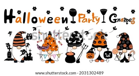 Halloween party cute gnomes designed in orange black and white tone for Halloween decorations, T-shirts, mugs, pillows, stickers, cards, backgrounds, blanket designs, Halloween for kids, wallpaper  