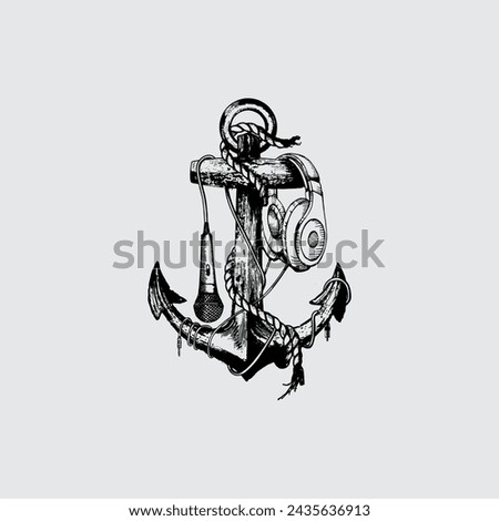 anchor design with a combination of listening musical instruments and mic