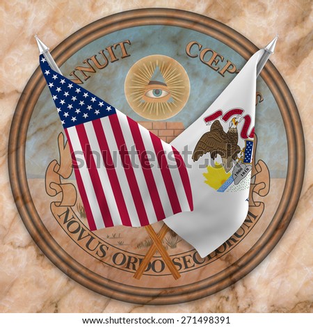Flag of the United States of America with the Flag of Illinois isolated ,and Reverse side of United States of America Great Seal