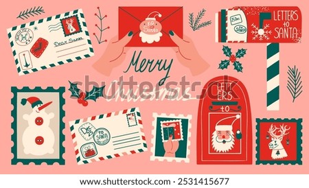 Christmas postcard, envelope, Mailboxe. Santa Claus mail. Greeting set. 