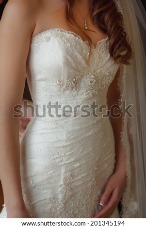 Bride wedding dress. Bride putting on her white wedding dress. wedding morning. luxury wedding dress