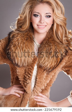 Winter Girl in Luxury Fur Coat. Fashion Fur, vogue style model, beauty woman bright makeup and long blond hair. series