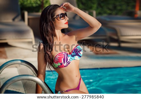 Beautiful woman swimming pool summer vacation summertime, sexy girl bikini fashion, tanned female model, girl having fun on beach, luxury lifestyle, series
