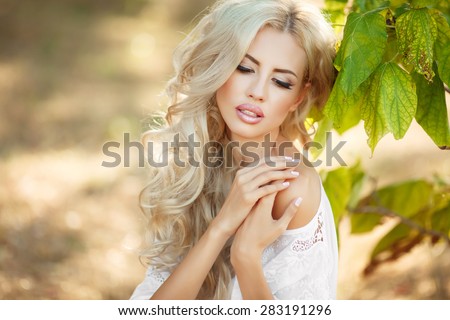 Beautiful smiling woman outdoors portrait beauty girl face summer, blonde female portrait, elegant lady in park, skin care and body care concept, soft focus at sunset, series
