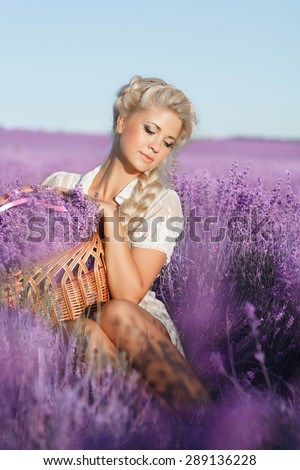 beautiful young girl in lavender field, smiling woman with flowers lavender, healthy female enjoying nature, aromatherapy and spa concept, attractive young woman in lavender at France provence, series