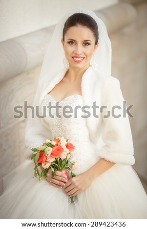 Beautiful young Bride portrait outdoor wedding woman in white dress, smiling female with marriage flowers bouquet outdoors, happy bride smiling portrait, soft focus, series.