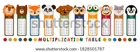 Vector multiplication table. Children's design. Printable bookmarks or stickers with cute animals (bear, penguin, lion, fox, panda, dog, owl, frog, monkey, cat)