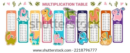 Multiplication table. Colorful children's design. Bookmarks or stickers for printing with cute dinosaurs. Flat cartoon vector illustration. Fun teaching children the basics of mathematics.