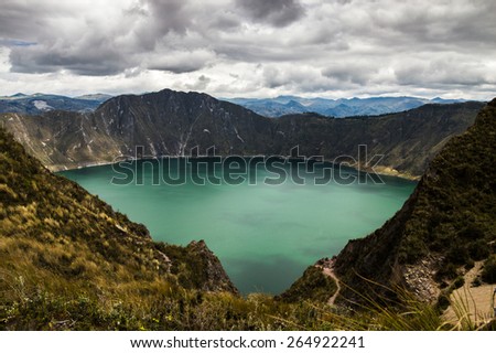 Laguna Quilotoa, Ecuador. It is a 3 km wide water-filled caldera and the most western volcano in the Ecuadorian Andes. Amazing views, turquoise water. Quilotoa is a tourist site of growing popularity.
