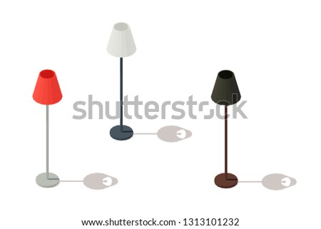 Floor lamp on a high stem with a round lampshade. Vector illustration of a floor lamp, isometric. Low poly style.