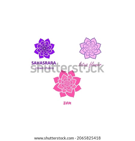 Pink lotus flower pattern and violet Seventh crown chakra Sahasrara for logo template isolated on white background. Mandala variation. Oriental indian, japanes, chinese style