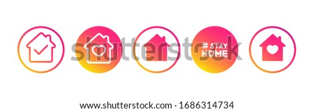 Social media set in support of self-isolation and staying at home. Distancing measures to prevent virus spread. Covid19 signs. Stay home. Isolated icon set on white background perfect for posts, news. 商業照片 © 
