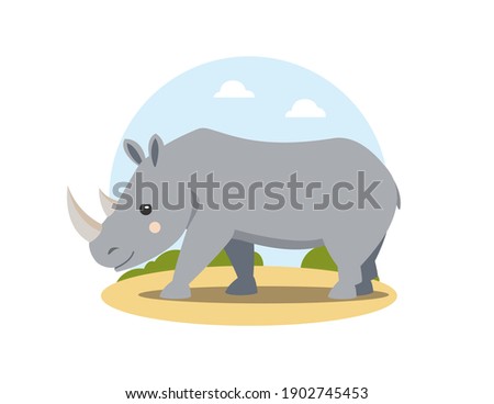 Gray rhino in flat cartoon style walking in african landscape. Happy friendly rhinoceros. Wild animal. Isolated cute children's illustration on white background. Vector, EPS10.