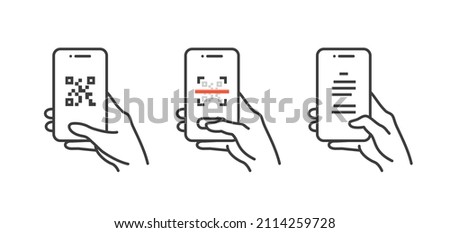 QR code scanning process. Code and text on the screen. Hand holding a smartphone. Isolated vector line icons on white background. 
