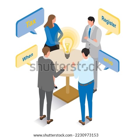 It is an isometric illustration of men and women who understand the invoice system.