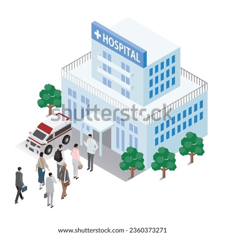 This is an isometric illustration of a line forming in front of a hospital.