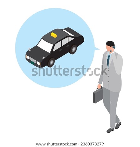 This is an isometric illustration of a man calling a taxi using his smartphone.