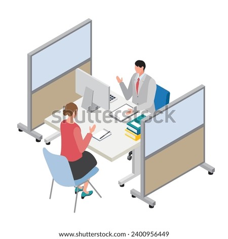 This is an illustration of a woman consulting with a man in a suit at a consultation counter.