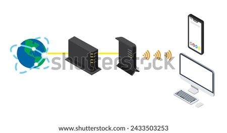 This is an isometric illustration that explains how the Internet line works.