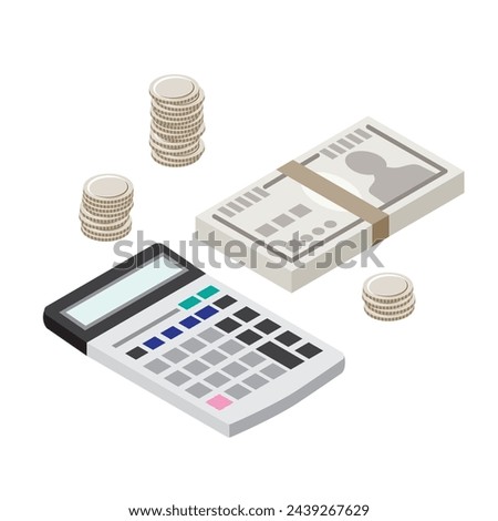 This is an illustration of three-dimensional money and a calculator.