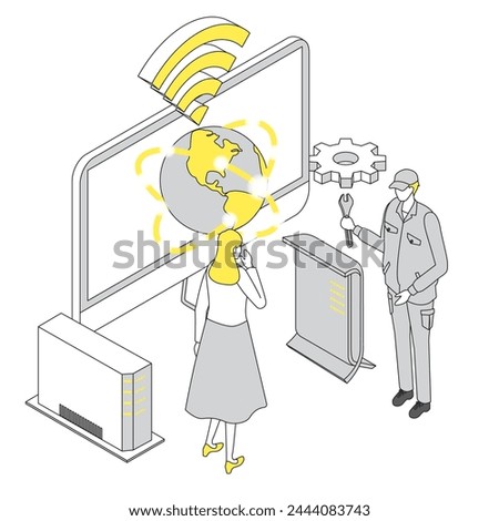 This is an image illustration of a vendor helping to set up an Internet connection.