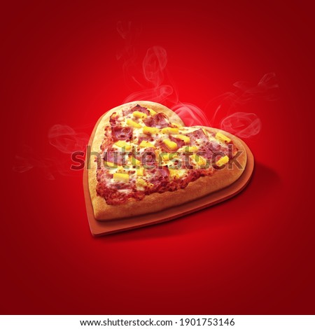 Pizza heart shaped and  on red background . Concept of romantic love for Valentines Day . 
