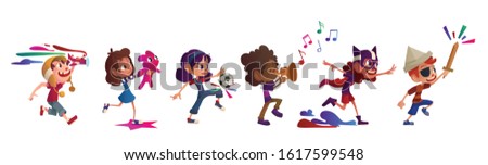 Panorama of children playing with toys, musical instruments and costumes. Cartoon character, vector illustration, white background.