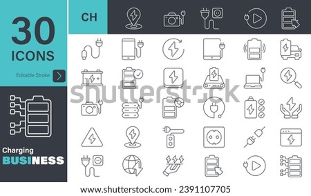 Charging icon set. 30 editable stroke vector graphic elements, stock illustration Icon, Business, Battery, computer, car, Electricity, Power Line, Charging