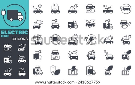 Electric Car Icons set. Solid icon collection. Vector graphic elements, Icon Symbol, Business, Technology, Alternative Fuel Vehicle, Cable, Car, Charging, Concepts, Design, Logo