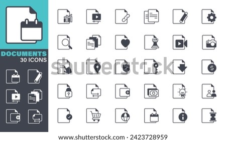 Documents Icons set. Solid icon collection. Vector graphic elements, Icon Symbol, Business, Report - Document, Document, Contract, Note Pad, Checklist, Examining, File, Download