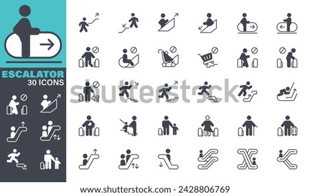 Do and Don't Escalator Safety Icons set. Solid icon collection. Vector graphic elements, Icon Symbol, Sign, Safety, Care, Assistance