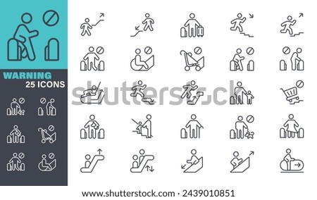 Escalator warning sign Icon set. Editable stroke. The set contains icons: Care, Assistance stock illustration. Icon Symbol, Alertness, People