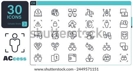 Personal Access icon set. 30 editable stroke vector graphic elements, stock illustration Icon symbol, Security System, Digital Authentication, Data Protection, Padlock, Facial Recognition, Fingerprint