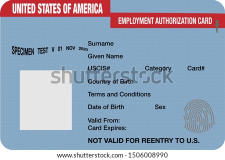 Employment authorization document or EAD card mockup. known popularly as a work permit, issued by USCIS to non citizens in the United States. 